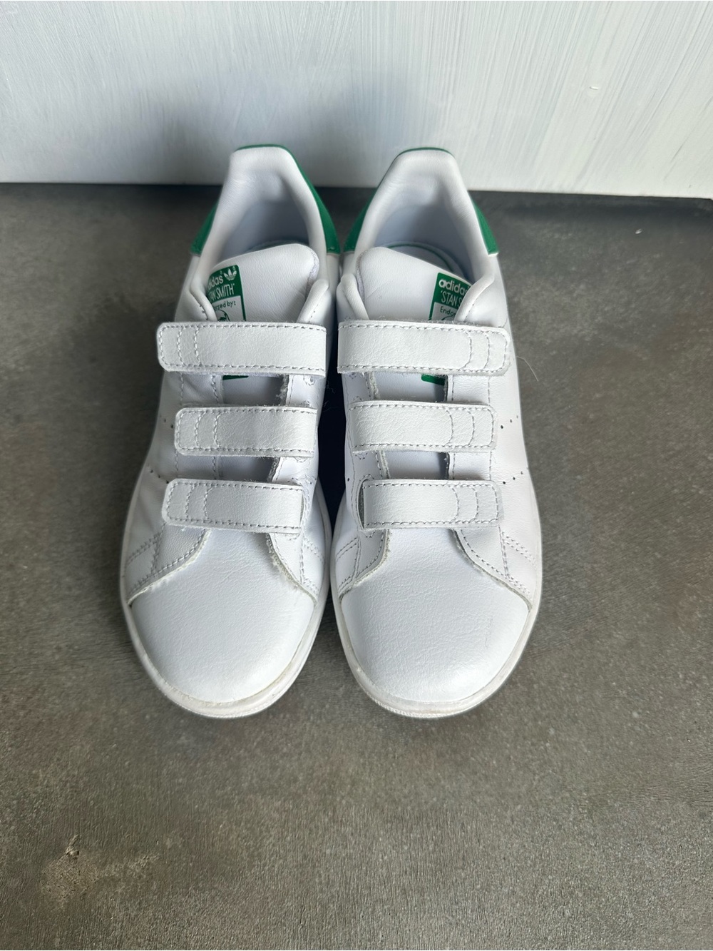 adidas Kids White Sneakers with Green Heel Tabs & Velcro
